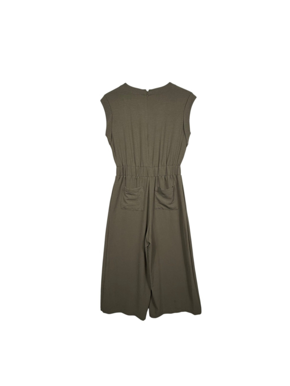 Calvin Klein Scuba Crepe Jumpsuit Olive Green Tie Waist Pocket Back Zip Womens 4 - Picture 2 of 7
